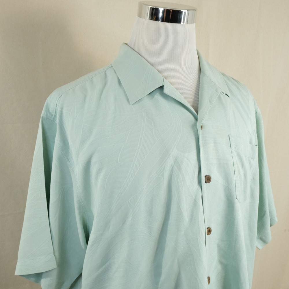 Tommy Bahama XL Silk Hawaiian Aloha Shirt Light Green Palms Jacquard Camp Mens